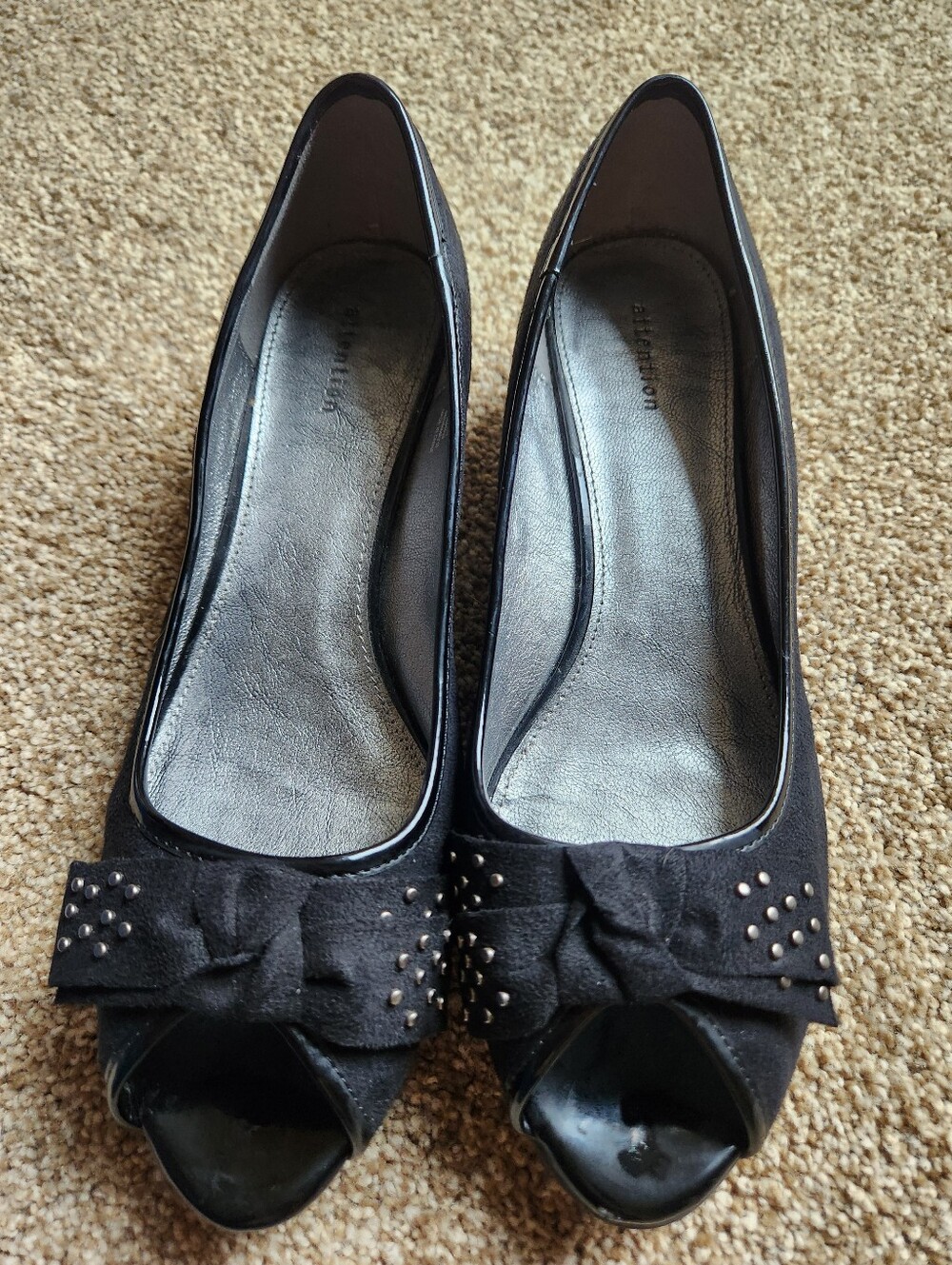 Farah Black Peep-Toe Suede Look Heels with Bow & Stud Accent - Women Size 10